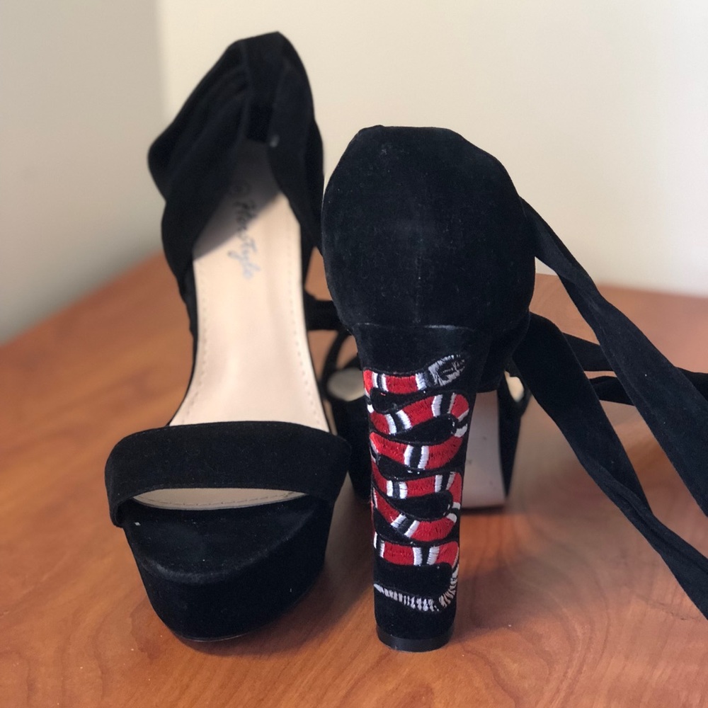 Black Velvet snake platform heels